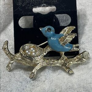 Vintage signed Gerry Blue and Goldtone  Bird nest Brooch